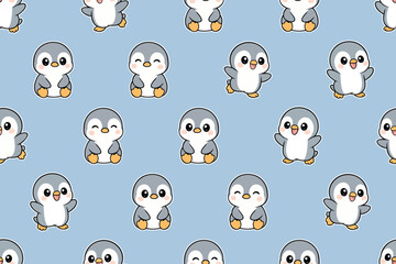 Cute Baby Penguin Seamless Pattern Blue Background