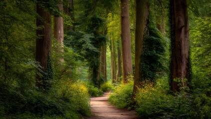 Obraz premium Enchanting Forest Pathway Under a Dense Canopy