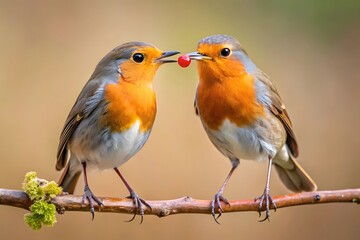 Two European Robins Sharing a Berry on a Branch
