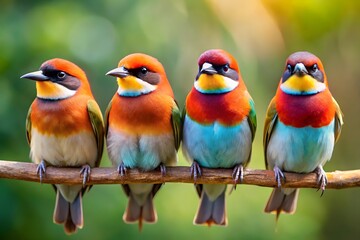 Vibrant Tropical Birds Sitting in a Row on Branch