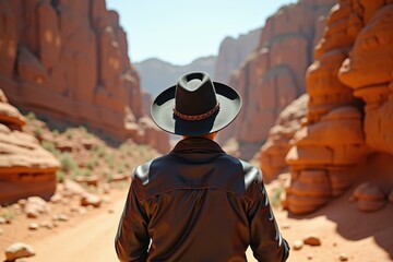 A black cowboy wearing a hat and boots rides a horse through a sunny canyon. The background shows tall rocky walls and bright sky
