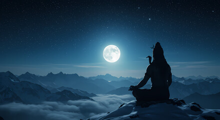 Shiva meditating on a mountaintop under a full moon.