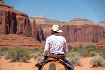 A white cowboy wearing a hat and boots rides a horse through a sunny canyon. The background shows rocky cliffs and clear blue sky