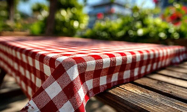 Red and white checkered tablecloth on rustic wooden table outdoors