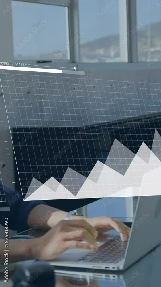 Poster nimation of interface with statistical data processing against asian man using laptop at office