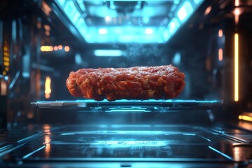 Raw beefsteak floating in futuristic bioreactor, showcasing innovation in food production through cultivated meat technology