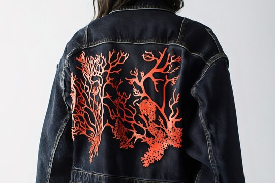 Close up of a fashion designer presenting a customized denim jacket with an intricate laser cut coral reef pattern on the back