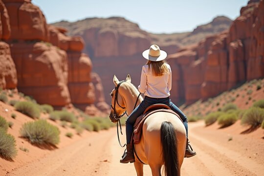 A white cowgirl wearing a hat and boots rides a horse through a sunny canyon. The background shows red rocky cliffs and clear sky