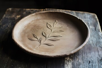 Clay platter featuring an olive leaf imprint resting on a rustic wooden table, showcasing craftsmanship and natural aesthetics