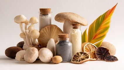 Artistic Flat Lay of Assorted Mushrooms, Supplement Powder Bottles, Dried Fruit, and Tropical Leaves on White Background