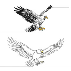 Obraz premium Dynamic continuous line drawing of two majestic eagles soaring, perfect for emblem designs and patriotic themes.