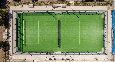 Aerial Top-Down View of Empty Padel Court. Green Synthetic Surface with White Lines and Net, Ready for Racket Sport.