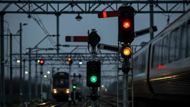 Train Signals and Approaching Locomotive at Dusk - A detailed close-up shot of railway signals, showing a red and yellow signal at caution, and a green signal indicating clear passage.