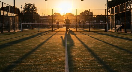 Golden Hour on Padel Court: Silhouetted Player and Long Shadows at Sunset