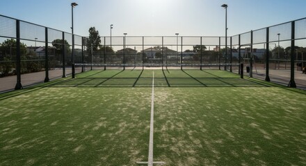 Empty outdoor padel tennis court with green artificial turf and surrounding fences under bright sunlight, ready for play.