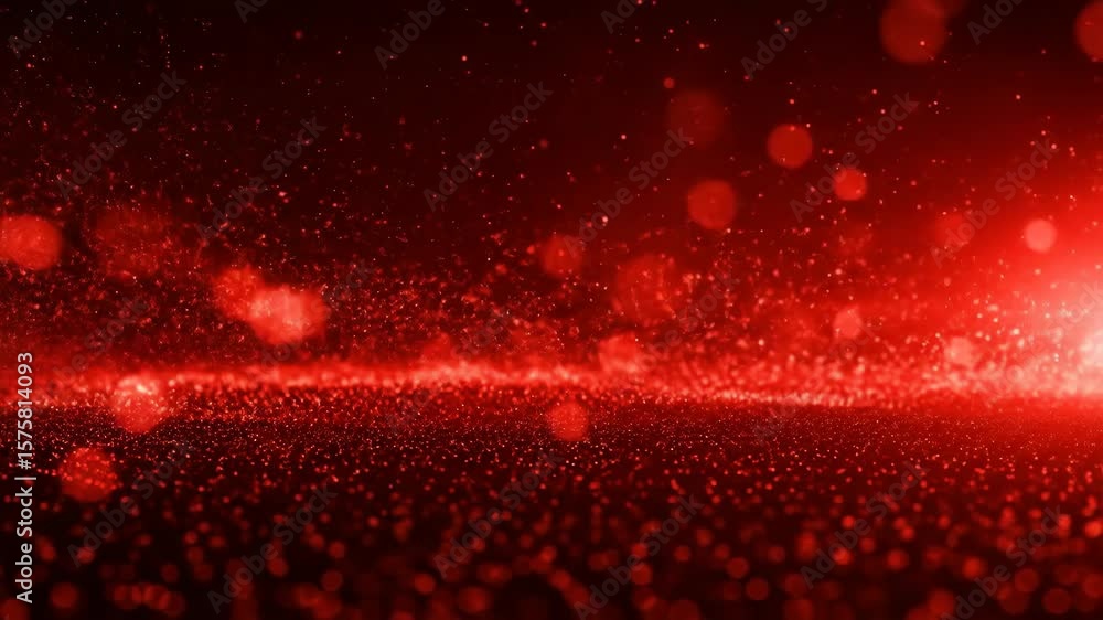 Poster red glitter background with bokeh lights - shimmering red glitter particles illuminate a dark backgr