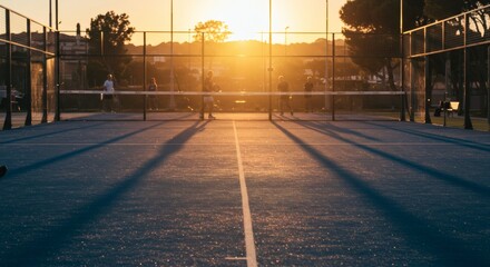 Backlit padel or tennis court at sunset with warm golden light and long shadows, perfect for sports and leisure activities.