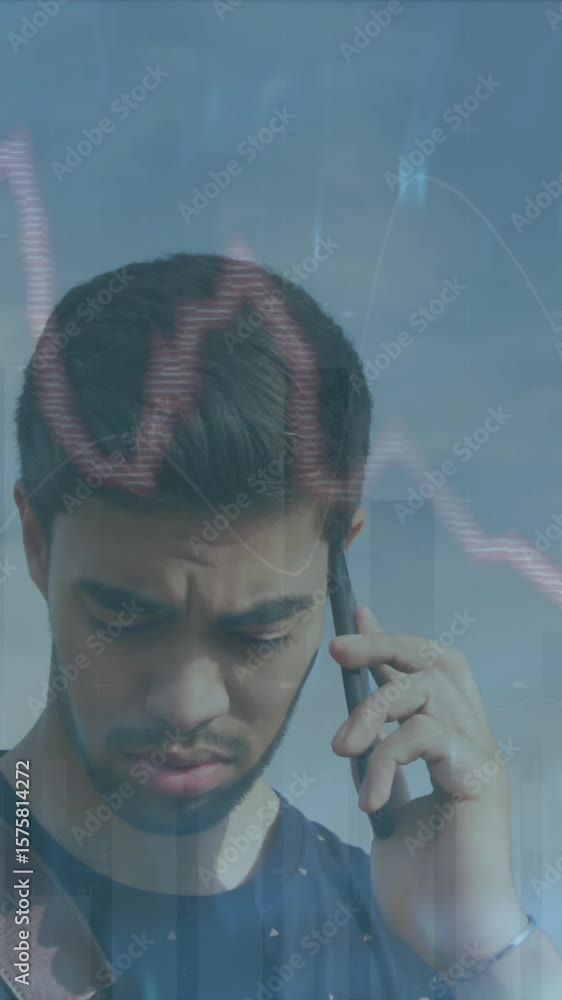 Aufkleber animation of red line financial data processing over man on smartphone