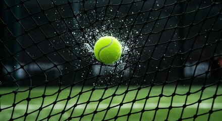 Dynamic Tennis Ball Impact on Wet Net with Water Splash