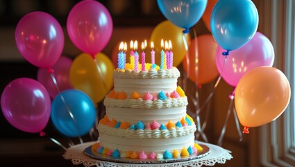  cheerful birthday cake adorned with vibrant candles is presented on a plate, surrounded by balloons and cozy lighting, setting a joyful and festive mood for a special celebration