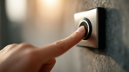 Human finger pressing modern doorbell button on textured wall, close-up view with warm light, perfect for illustrating home security systems, smart technology, or real estate concepts.