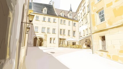 Charming, outdoor scene of a light-toned city square.