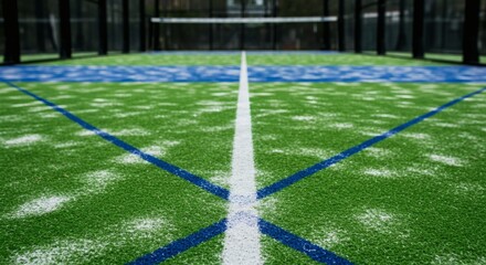 Vibrant green padel court with white and blue lines, net, and glass walls, ready for play