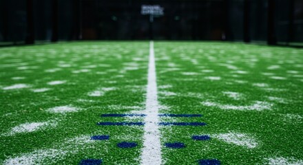 Artificial Turf Sports Field with White Center Line and Blue Markings, Low Angle View