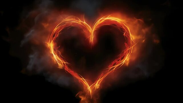 Fiery heart graphic with glowing orange lines and smoke effect on black background for valentine's day concept animation. - Powered by Adobe