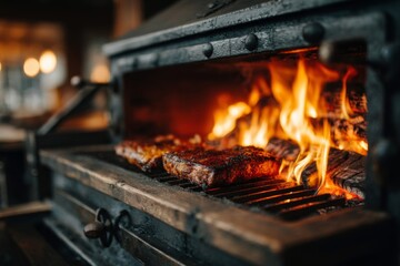 Grilled Steaks on an Iron Grill with Bright Flames