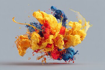 High-Resolution 3D Render of Red, Yellow, and Blue Paint Splash on Gray Background – Abstract Artistic Concept