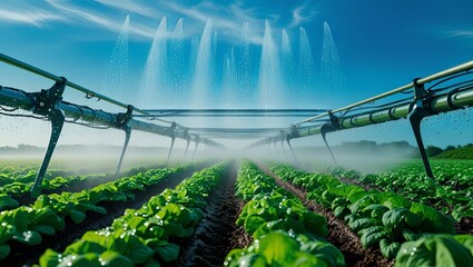 An agricultural scene with a vast irrigation system spraying water across vibrant green crops beneath a clear blue sky, illustrating advanced farming methods and sustainable agriculture practices 