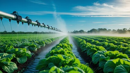 An agricultural scene with a vast irrigation system spraying water across vibrant green crops beneath a clear blue sky, illustrating advanced farming methods and sustainable agriculture practices 