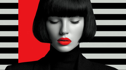 Woman with geometric hairstyle and red lipstick in graphic art portrait – black and white aesthetic with pop art inspiration and fashion-focused styling, fashion photo with graphic doodles
