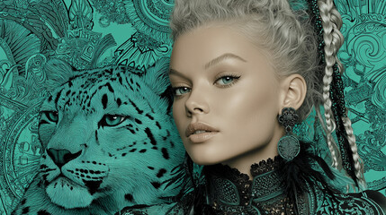 Elegant woman with curly hair and snow leopard posing together in artistic monochrome style with turquoise geometric shapes – fashion portrait with wild animal and background with graphic doodles