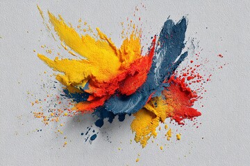 High-Resolution 3D Render of Red, Yellow, and Blue Paint Splash on Gray Background – Abstract Artistic Concept