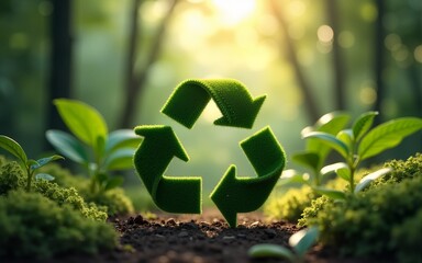 Reduce, reuse, recycle symbol in the middle of a beautiful untouched jungle. Ecological concept. An ecological metaphor for ecological waste management and a sustainable and economical lifestyle.