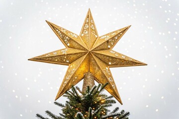 Golden Star Christmas Tree Topper on White Background