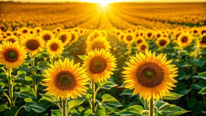 Fototapeta premium Field of blooming sunflowers at sunrise with golden sunlight 