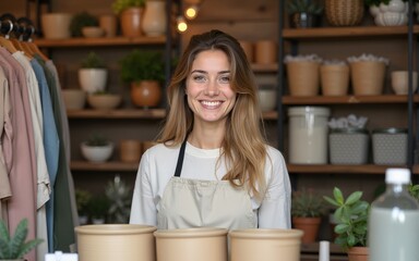 Young woman in zero waste shop or plastic free store. High quality