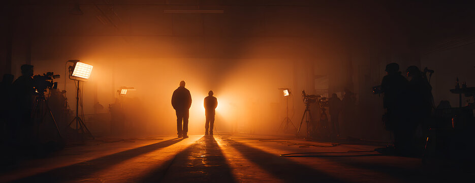 Silhouette images of film production. behind the scenes or b-roll of making video commercial movie. Film crew lightman and cameraman working together with film director in studio. Film industry.