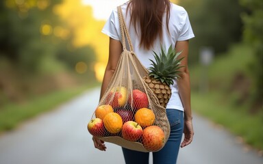 Choose the right direction for healthy and sustainable lifestyle with zero waste. Woman with reusable mesh bag full of fruit walking on the road from supermarket. High quality