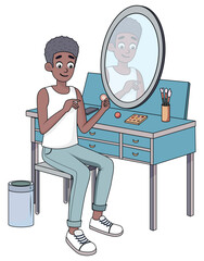Young Man Doing Makeup at Vanity Table