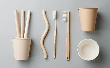 eco natural paper cups, straws, toothbrush flat lay on gray background. sustainable lifestyle concept. zero waste, plastic free items. stop plastic pollution. Top view, overhead, template, Mockup.