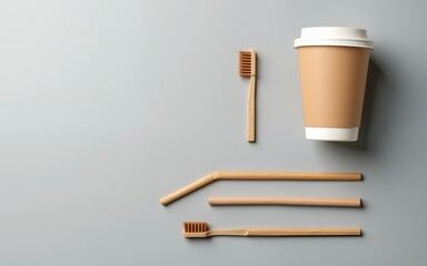 eco natural paper cups, straws, toothbrush flat lay on gray background. sustainable lifestyle concept. zero waste, plastic free items. stop plastic pollution. Top view, overhead, template, Mockup.