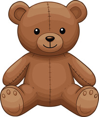 Adorable cartoon teddy bear with stitching details, sitting and smiling, cute stuffed animal illustration for kids, isolated on white background