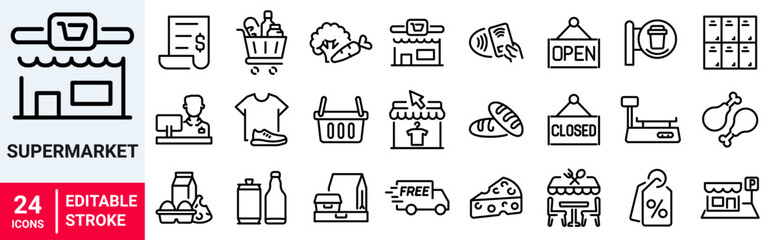 Supermarket icon collection set. Containing trolley, basket, grocery store, grocerant, parking area, self service, consumer icon. Simple flat vector.