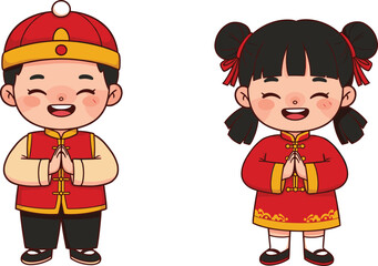Cartoon Asian boy and girl in traditional Chinese dress, greeting and smiling, festive children illustration for New Year or cultural theme