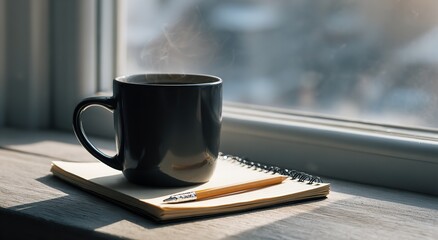 Black Coffee Mug on Empty Notepad with Pencil on Window Sill, Sunlight Streaming in, Cozy Morning Workspace