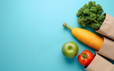 Zero waste shopping concept - groceries and reusable bags on blue background, top view. High quality